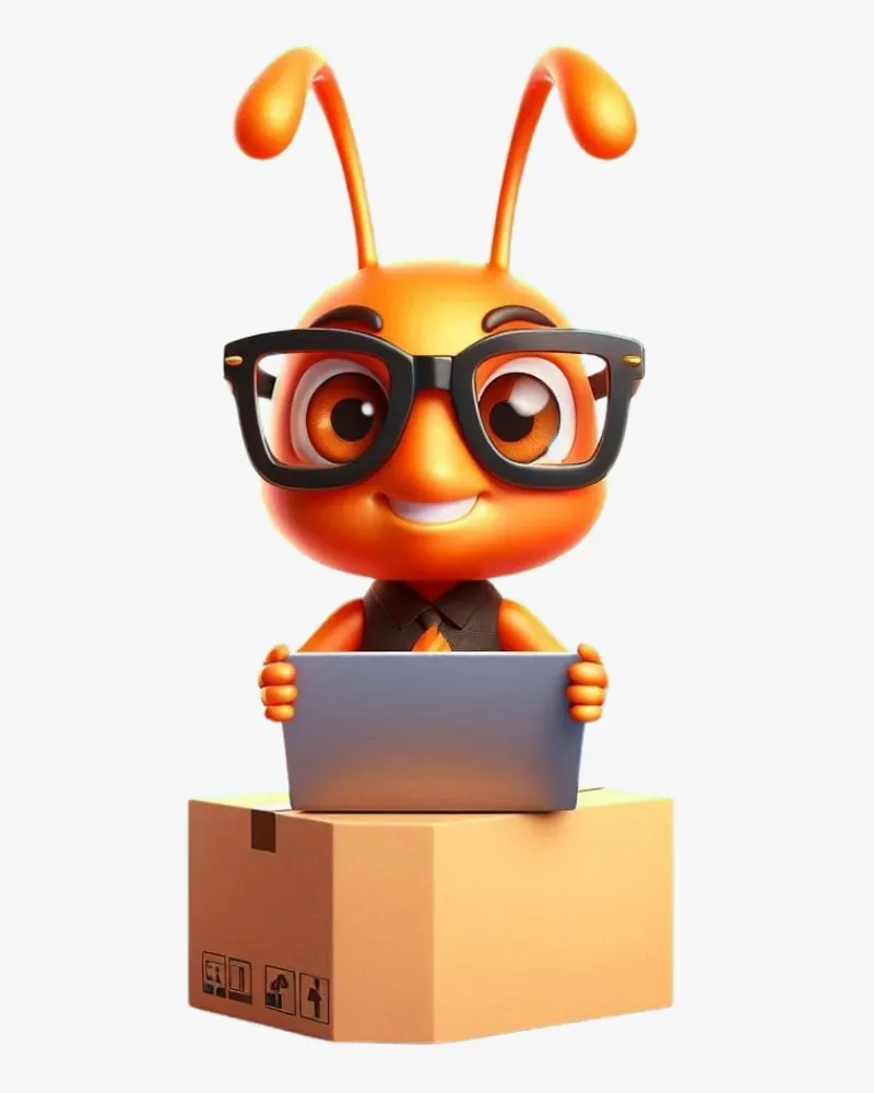 A formiguinha da Gráfica Fácil com um notebook em cima de uma caixa